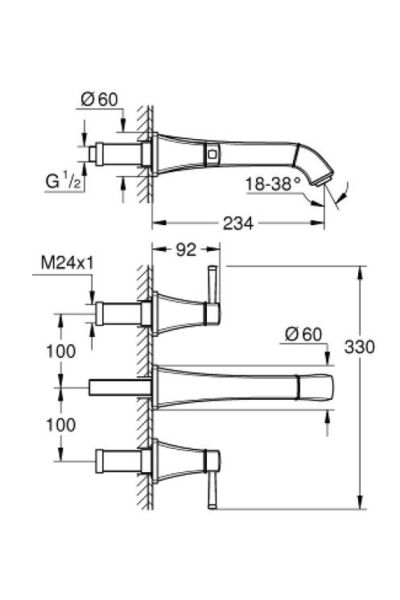 Grandera 3 Delikli Duvardan Lavabo Bataryası L-boyut - 20623000