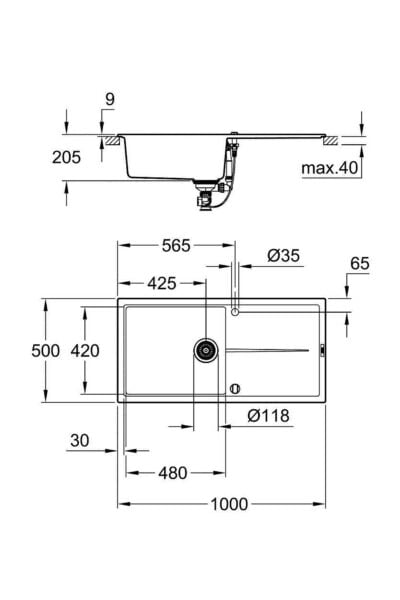 K400 Kuvars Kompozit Eviye 60 -c 100/50, Granit Siyah Rengi - 31641ap0